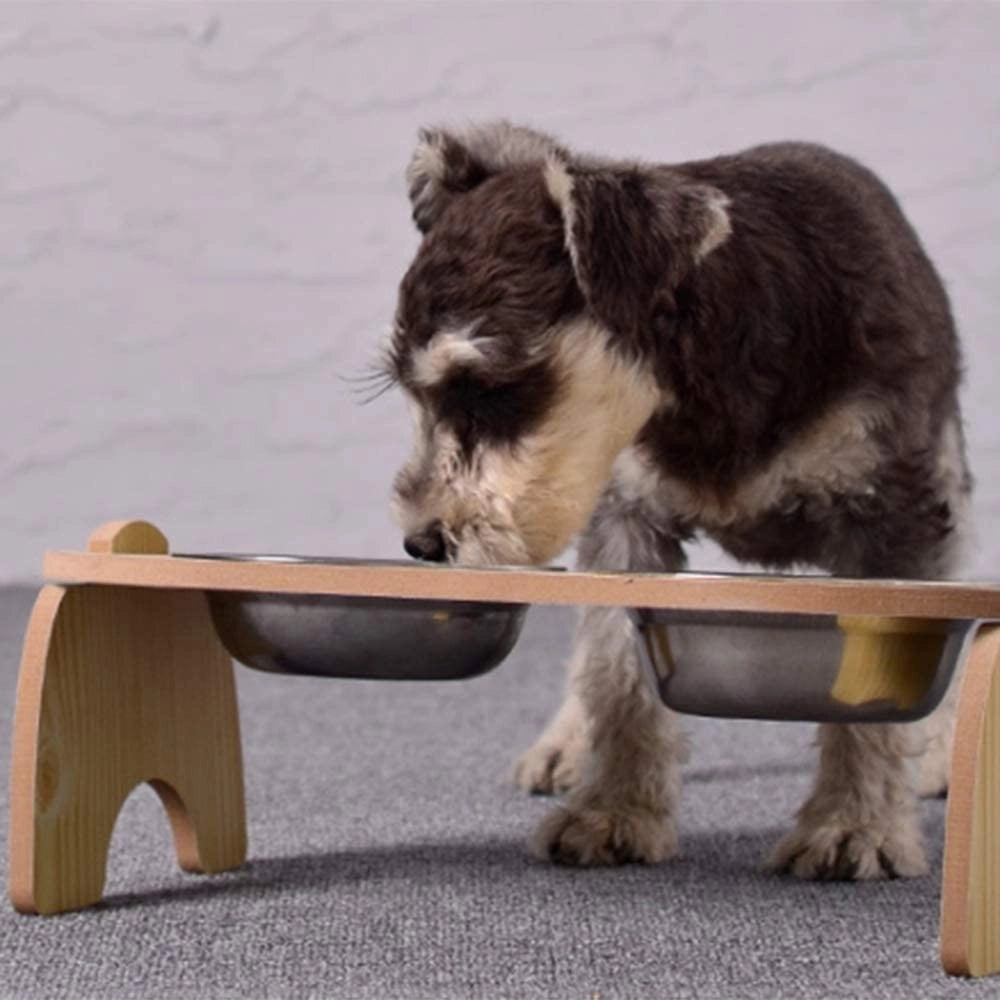 Trade Shop - Ciotola Doppia Rialzata Per Cani Gatti Con Base In Legno Per Animali Domestici -