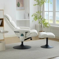 Poltrona relax, reclinabile e massaggiante a 5 punti, con funzione di riscaldamento elettrico e poggiapiedi, girevole a 360°, in tessuto chenille, 75.5x77x100 cm, Bianco