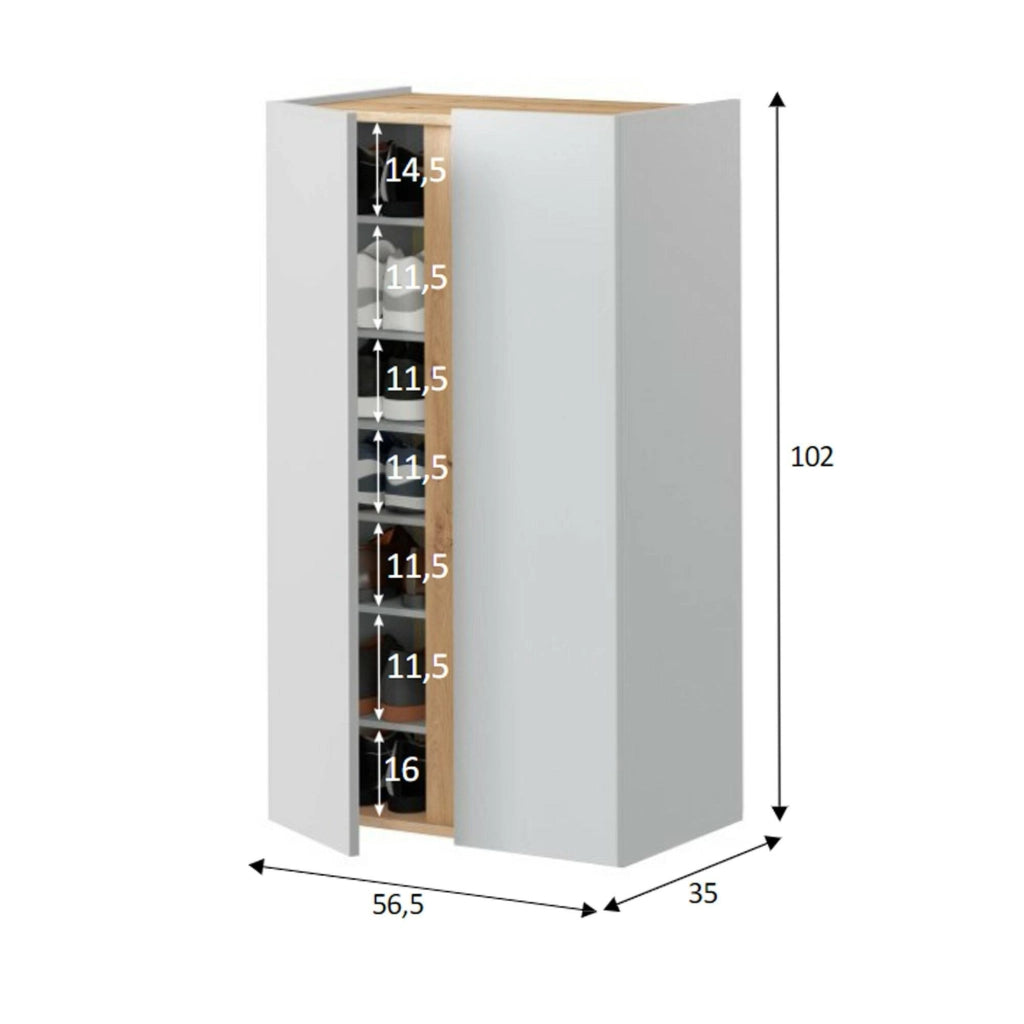 Scarpiera Gotto, Mobile portascarpe, Armadio da ingresso multiuso, Mobiletto per calzature, 57x35 h102 cm, Bianco e Rovere Nodi