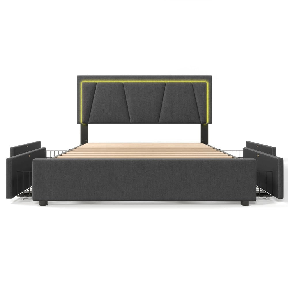 Letto Contenitore Imbottito con LED e 4 Cassetti ¨C Xylo ¨C Grigio, 160x200