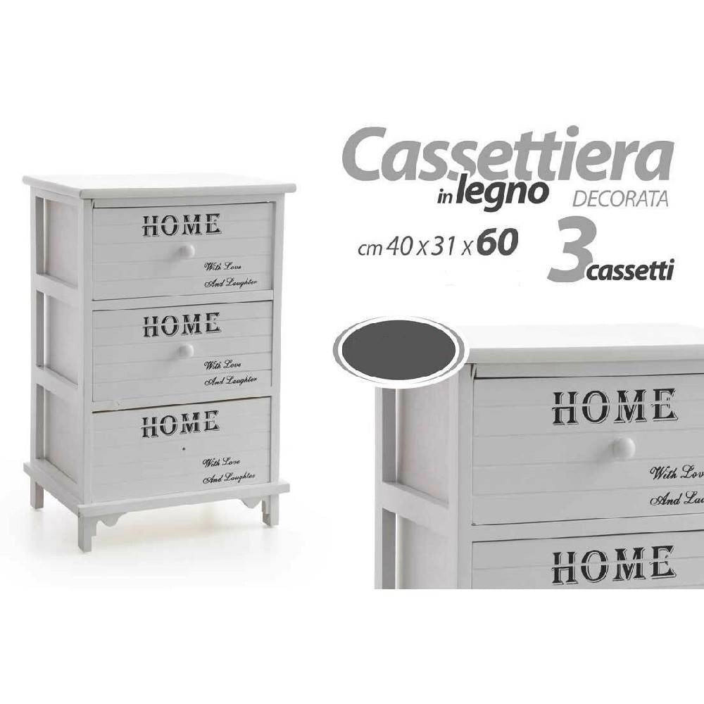 Trade Shop - Cassettiera 3 Cassetti 60x40x31cm Comodino Home Bianco Legno Moderna Multiuso -