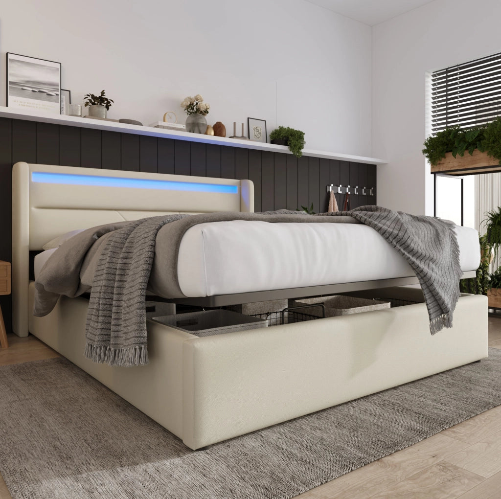 Letto contenitore imbottito con LED e sollevamento idraulico; 160x200 cm; PU bianco