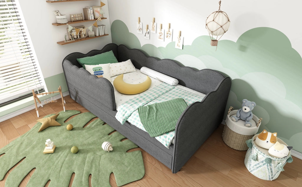 DESMIU Lit enfant 90 × 190 cm avec lit gigogne, 2 posti, senza materasso, in lino, grigio
