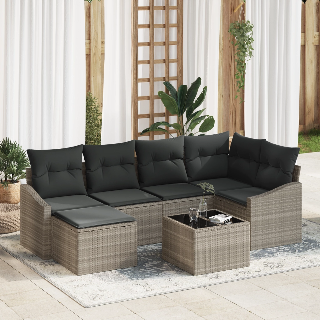 Set divano da giardino 7 pezzi con cuscini grigi in polyrattan