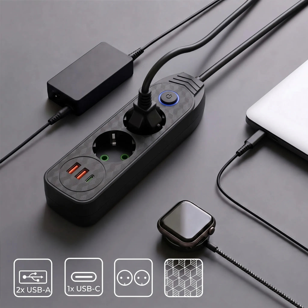 Multipresa Con Prolunga, 2 Prese + 2 Porte Usb-a + Usb-c Jnh023-2b Black