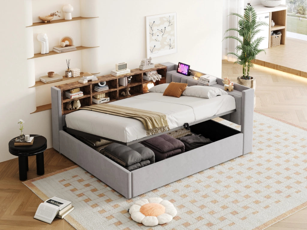 DESMIU Letto contenitore 140 × 200 cm 2 posti con LED, USB, Type-C e ripiani, senza materasso, velluto grigio chiaro