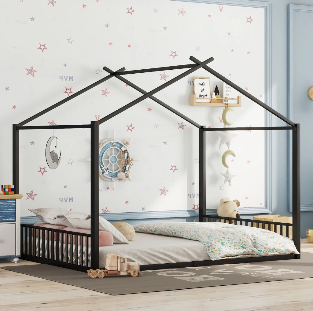 Letto per bambini in ferro nero 140x200 cm con struttura a forma di casa
