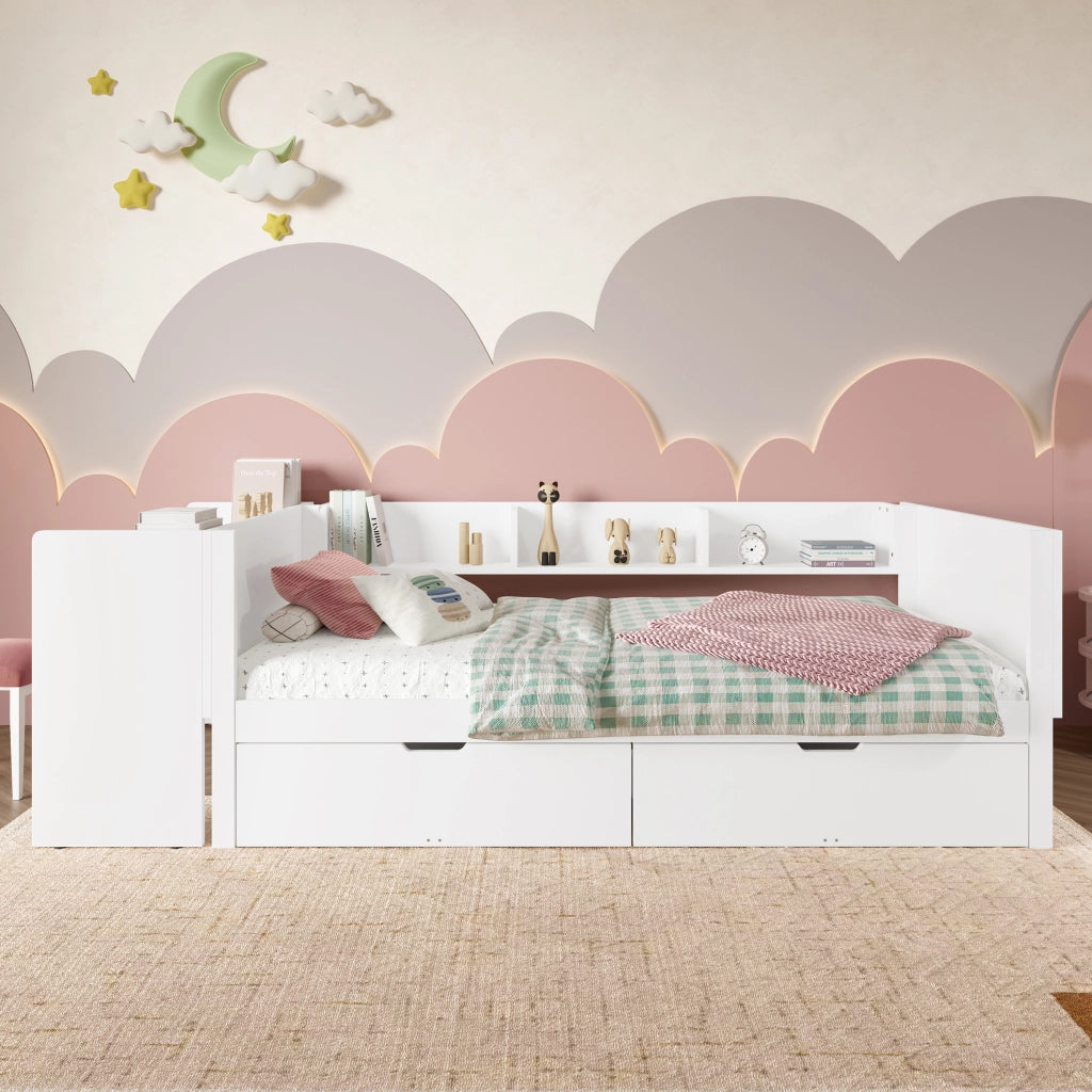 Letto singolo 90x200 cm con scrivania; 2 cassetti e 3 ripiani in legno di pino