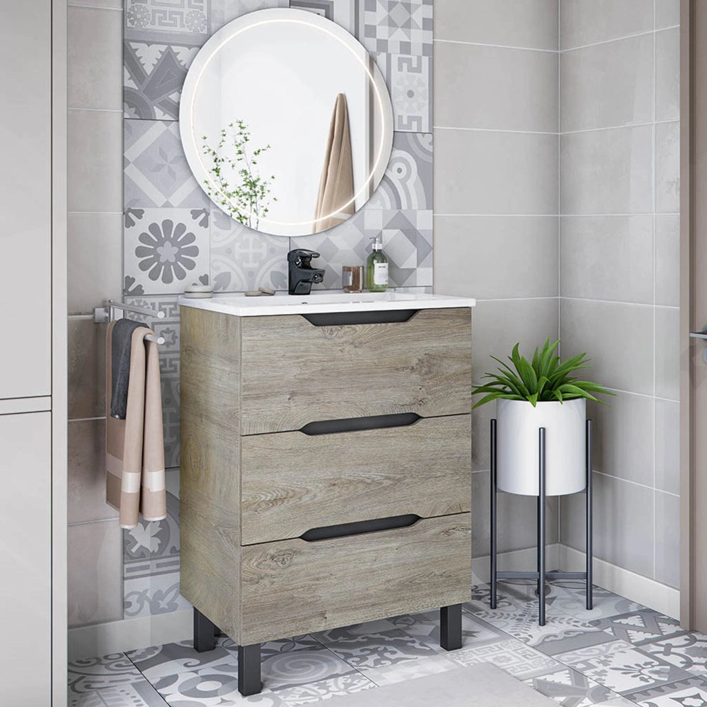 Sozop, Mobile Sottolavabo 3 Cassetti, 60x45x86h cm Marrone Rovere Grigio