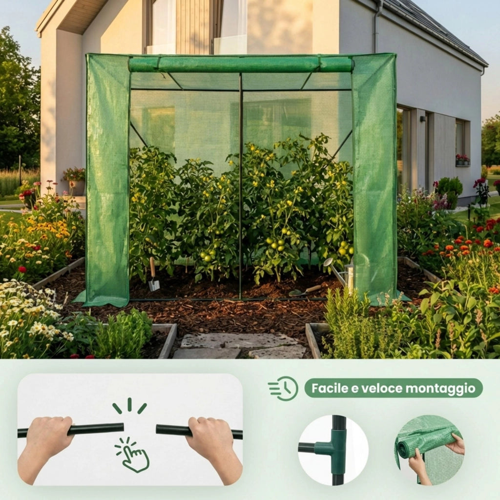 Serra da giardino a casetta con struttura in metallo e telo in PE 1 porta 2 finestre Verde 202x80x170 cm