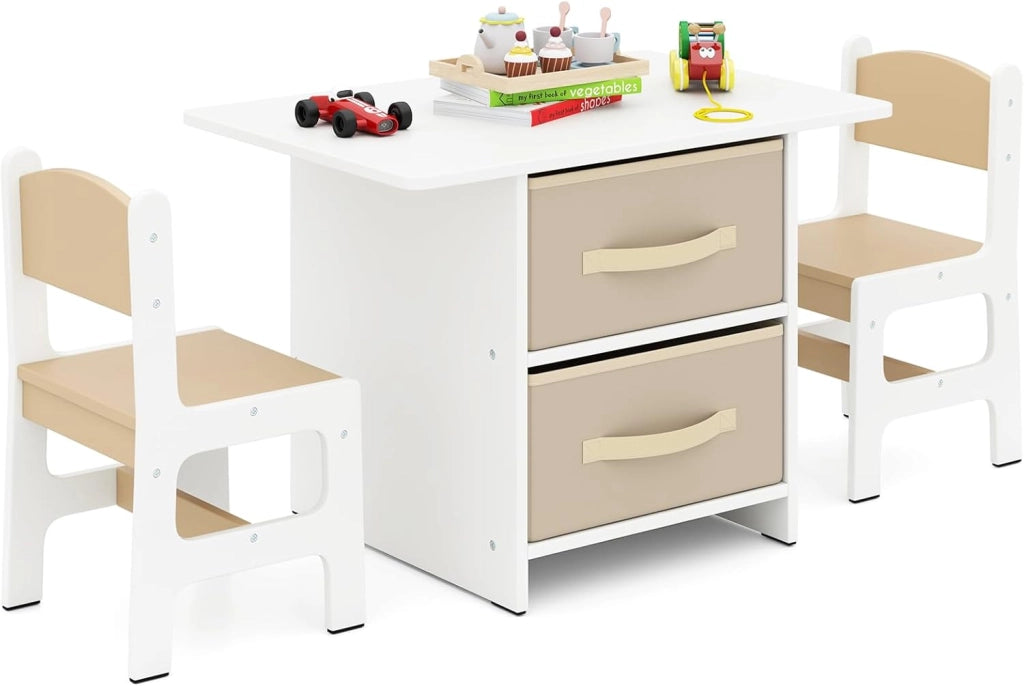 Set Tavolo e Sedie per Bambini 1-7 Anni, Tavolino in Materiale Atossico e Indore con 2 Sedie Ergonomiche con Schienale, Angoli Arrotondati, Ideale per Giocare, Disegnare e Leggere (Beige)