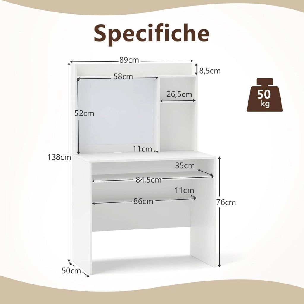 Scrivania per Computer Bianca, Scrivania con Lavagna Magnetica, Ripiani Regolabili e Vassoio per Tastiera, Scrivania Salvasapzio per Ufficio e Casa, 89 x 50 x 138 cm