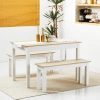 Set Tavolo da Pranzo 3 Pezzi con 2 Panche Incassabili per 4-6 Persone, Stile Contemporaneo, Truciolato, Rovere