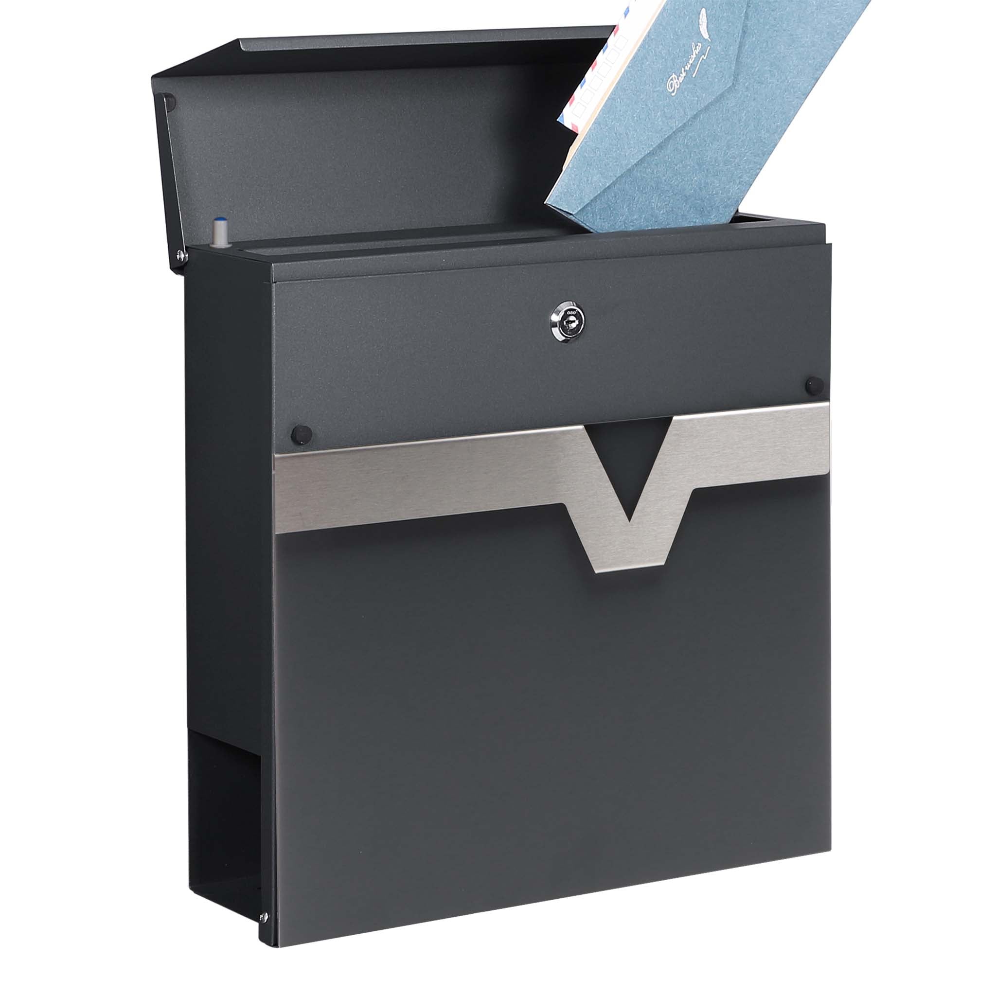 Cassetta postale V60 con portagiornale, antracite e inox, soft-close, 370 x 105 x 370 mm