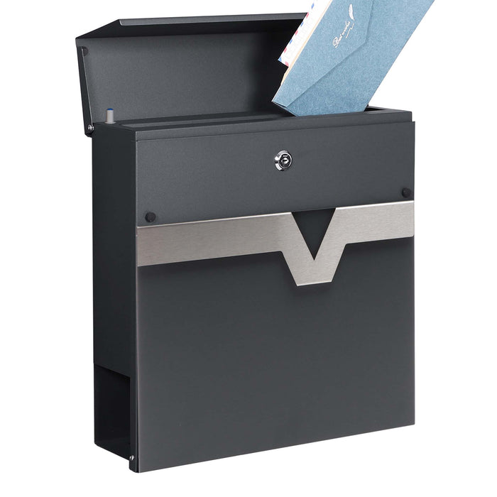 Cassetta postale V60 con portagiornale, antracite e inox, soft-close, 370 x 105 x 370 mm