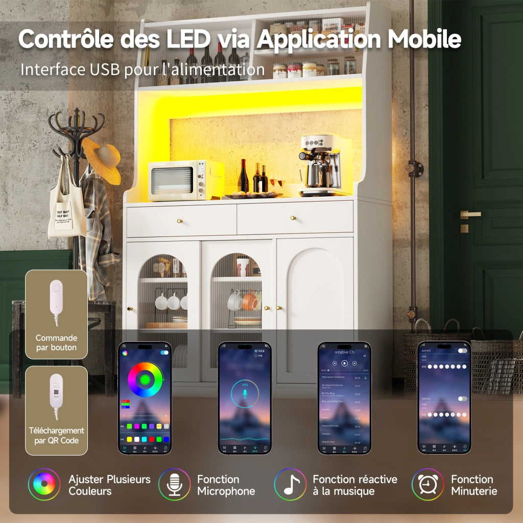 Credenza da Cucina Alta Vetrina con 2 Cassetti e Ripiani Regolabili e LED per Cucina in MDF e Pannelli Bianco 120x40x180 cm