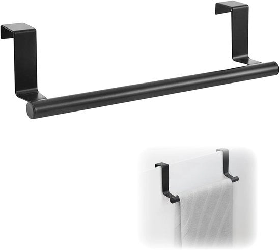 Sostegno per Asciugamano della Porta - Supporto per Asciugamano della Cucina - Risparmia Spazio - Senza Forare - 24 cm Lungo - Nero