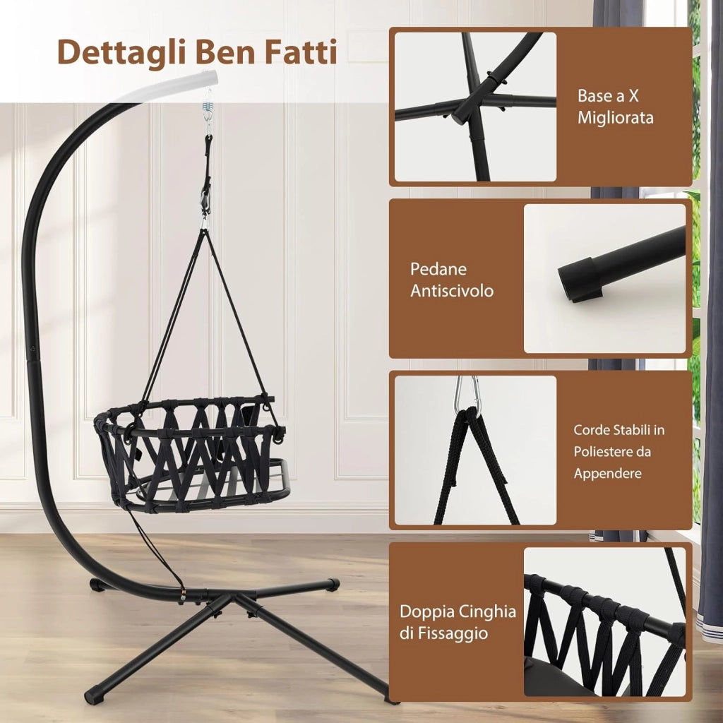 Sedia Sospesa Pieghevole con Supporto, Poltrona Sospesa Corda con Cuscini per Seduta e Schienale, Telaio in Metallo, Sedia Amaca per Interno, Esterno, Balcone e Giardino, Portata 150 kg