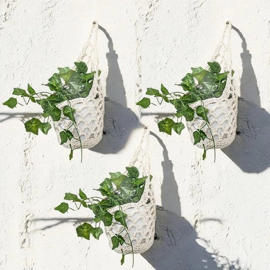Set di 3 pendenti a macramé decorativi, pianta e portapianta per esterni e interni, plafond, giardino, balconi, soggiorno, decorazione per muro