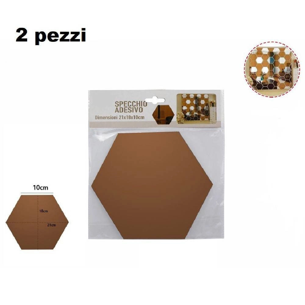 Trade Shop - 2 Pz Specchio Adesivo Esagonale Adesiva Murale Arredamento Casa 21x18x10cm 70876 -