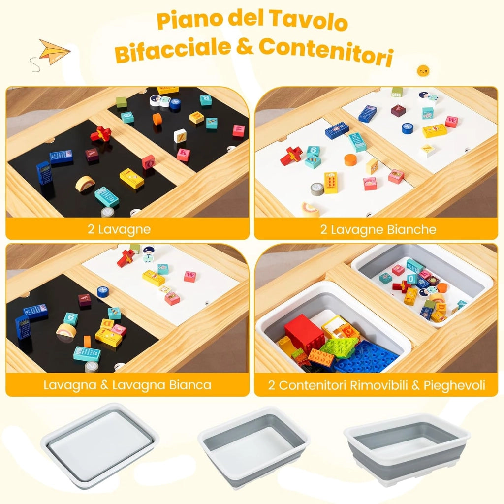 Set Tavolo con 2 Sedie per Bambini 3+ Anni, Tavolo e Sedie con Piano Doppio Lato Rimuovibile e 2 Contenitori, Gambe Robuste in Legno, Tavolo Attività per Gioco e Disegno (con Sedie Quadrate)