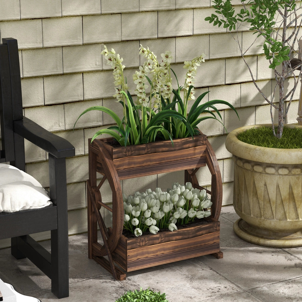 Fioriera in Legno da Esterno a 2 Livelli con 3 Vasi e Ruote di Carro Stile Country, 55x32x56cm