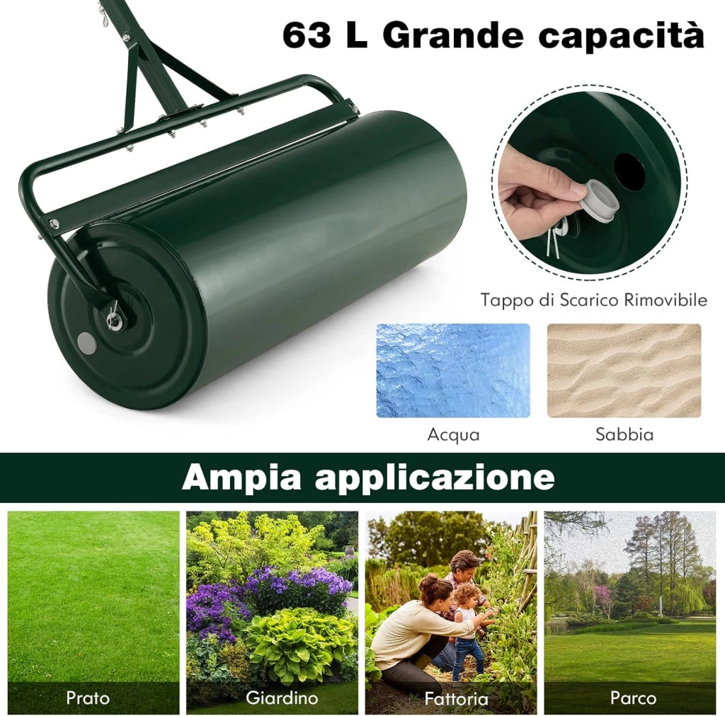 Rullo per Prato in Metallo 63 L, Rullo da Giardino 90 cm Riempibile con Acqua/Sabbia, con Gancio e Impugnatura Staccabile 137 cm, Ideale per Giardino, Prato, Parco e Fattoria (Verde)