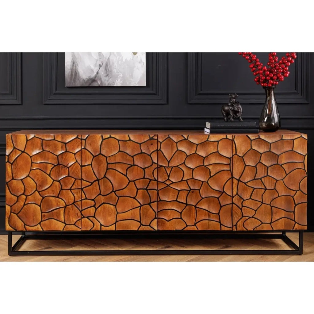 Buffet TERRAKAN 180 cm – Legno Massiccio di Mango Marrone – Facciata Scultorea 3D