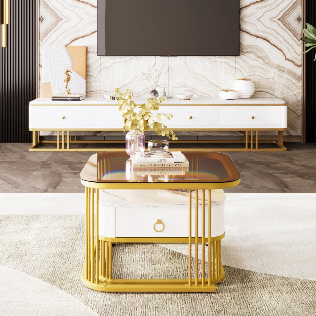TAVOLINI DA SALOTTO Set 2 pezzi 60x60x44,5 cm + 50x50x34,5 cm MDF Bianco/Oro