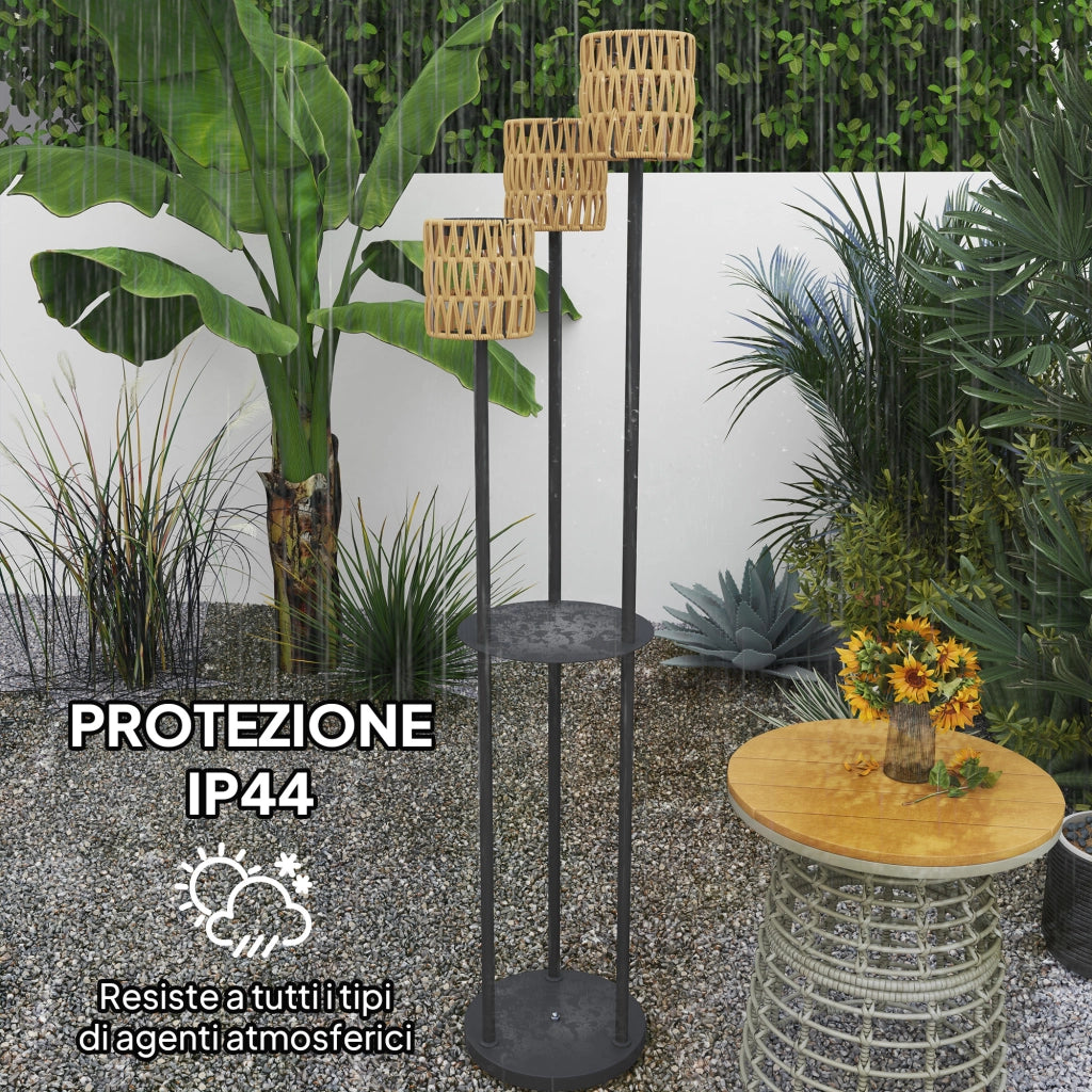 Lampada Solare da Esterno in stile Boho Ø37x144 cm con Ripiano Centrale in Rattan PE e Acciaio Nero e Giallo