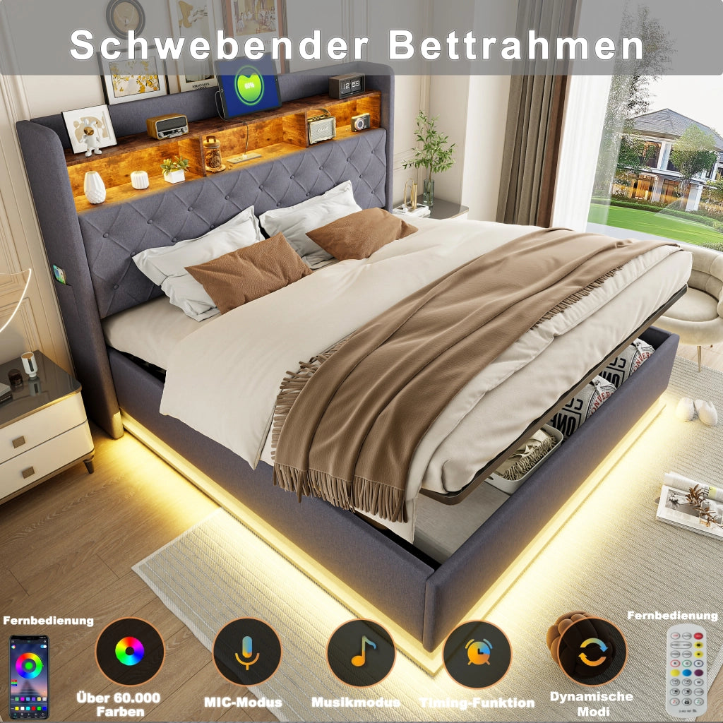 LETTO imbottito LED 180x200 cm grigio con USB e contenitore idraulico