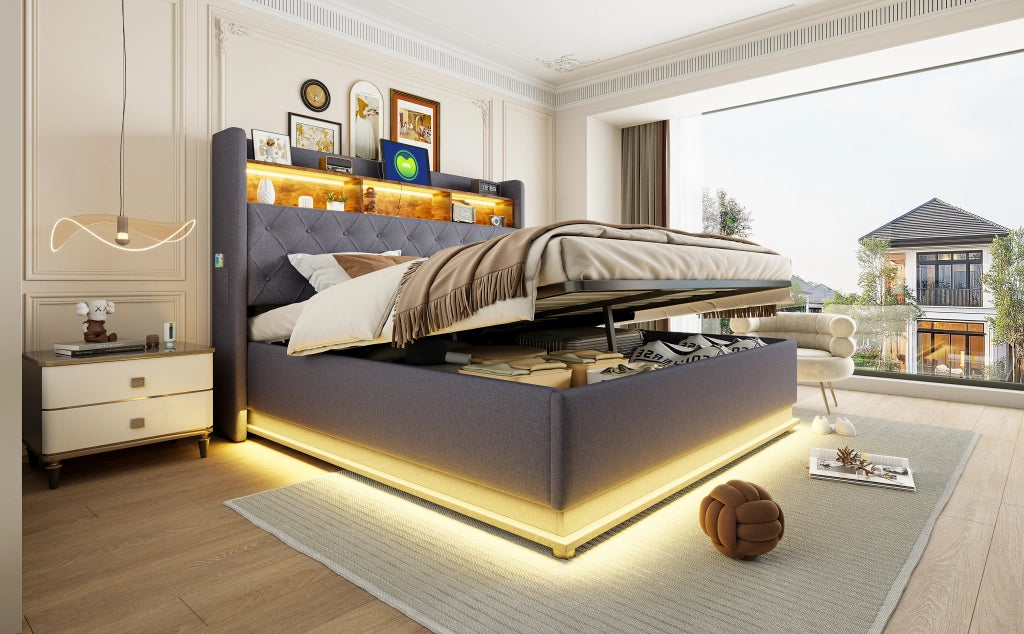 DESMIU Letto contenitore 180 × 200 cm 2 posti con LED, USB e contenitore idraulico, senza materasso, grigio