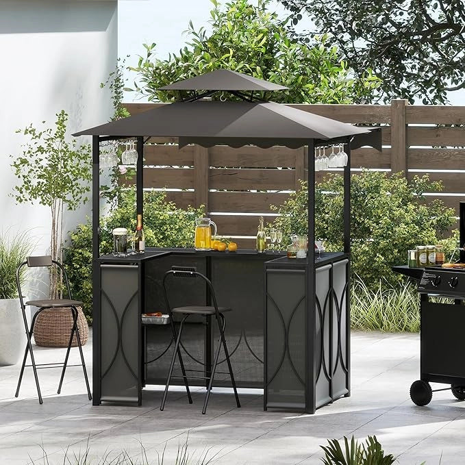 Gazebo per Barbecue, Pergola per BBQ con Tavolo Bar e 2 Sgabelli Bar Pieghevoli, Ripiani di Stoccaggio in Metallo, per Giardino e Cortile, 193 x 117 x 240 cm (Grigio)