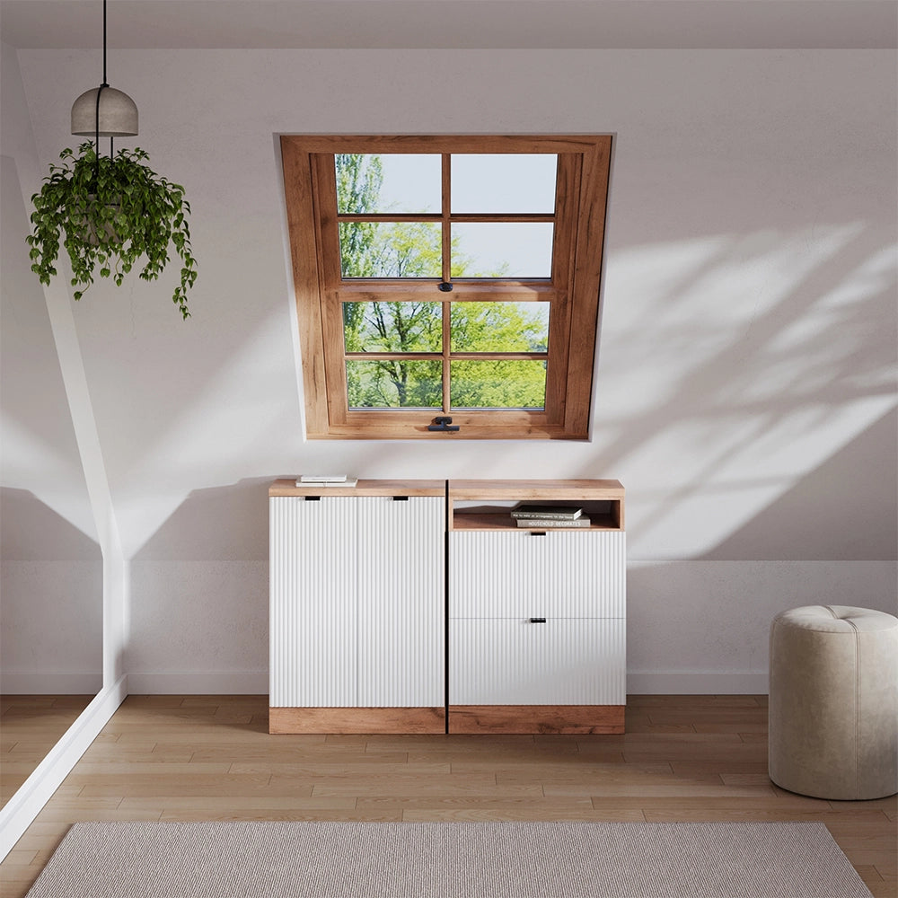 Set di mobili sottotetto Rion Ondulazione bianca/Rovere dorato 120 cm Set di 2 carcasse armadio profondità 60 cm Vicco