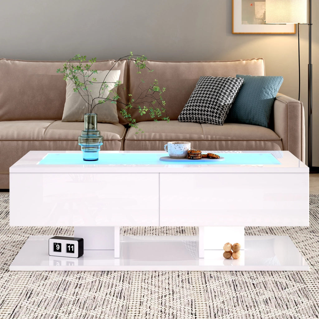 Tavolino da salotto 100x50x35 cm bianco lucido con 2 cassetti; piano in vetro temperato e LED