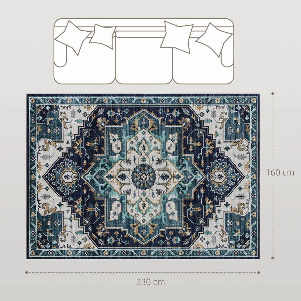 Tappeto Boho Antiscivolo e Lavabile 230x160 cm a Pelo Corto in Effetto Cashmere Blu