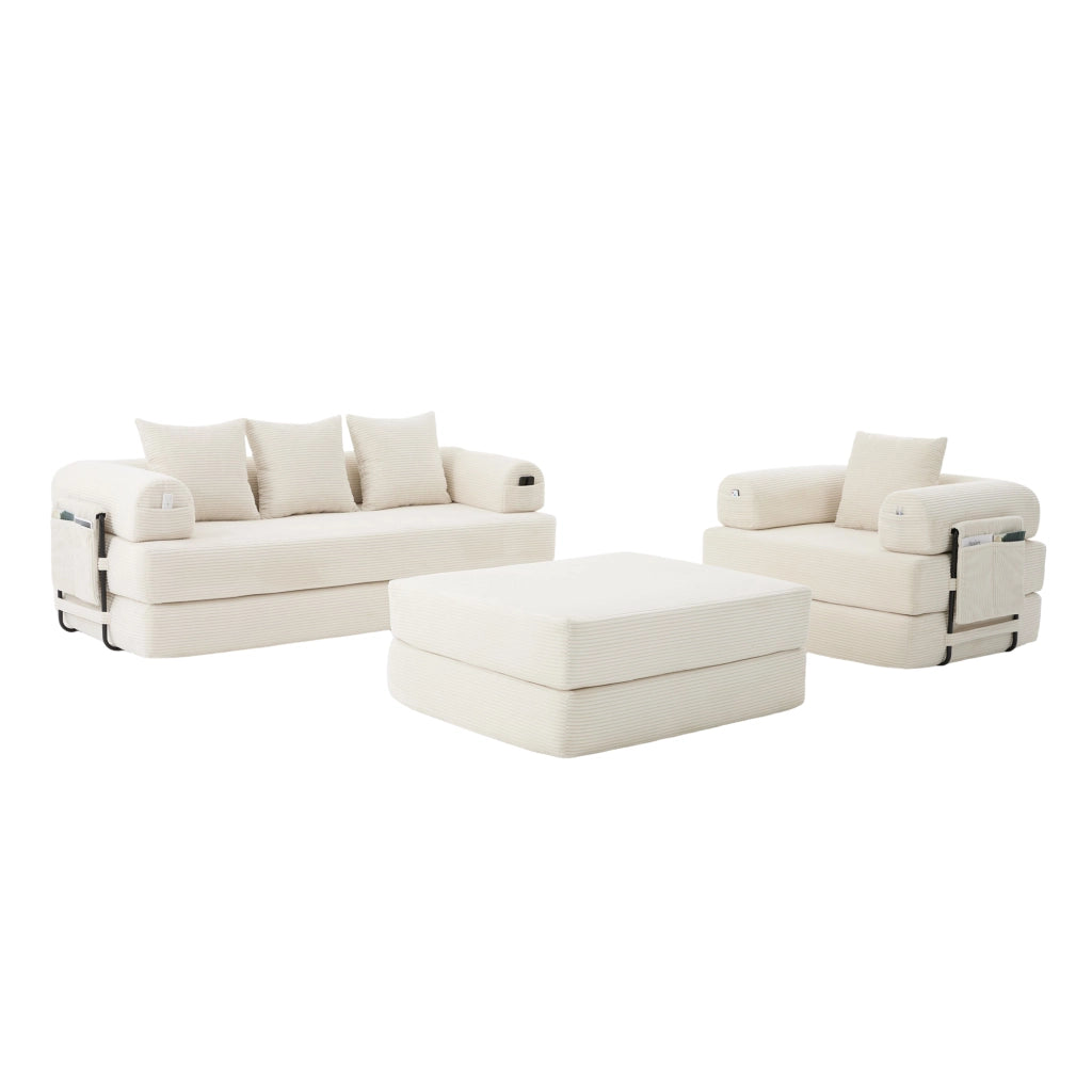 Divano modulare in corda beige con pouf, tasca laterale, 3 cuscini e struttura in metallo