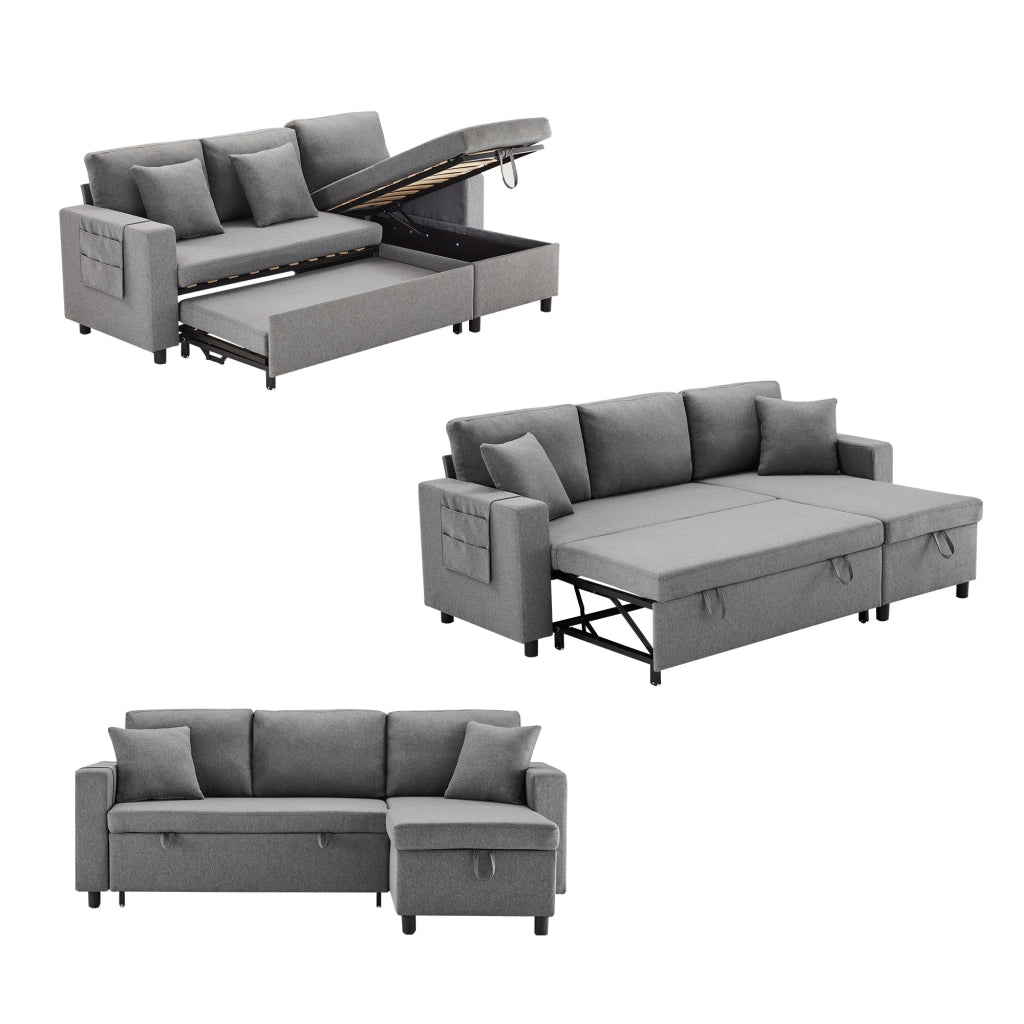 Sofa letto angolare multifunzione con contenitore, chaise longue reversibile, 2 cuscini, grigio scuro
