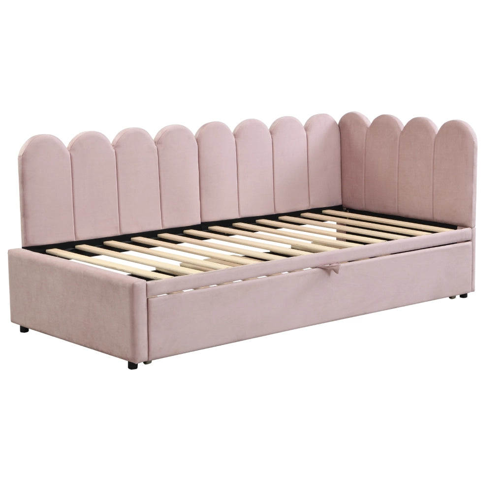 Divano letto 90x200 cm; estraibile a L; tessuto effetto velluto; rosa