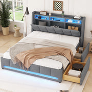 Letto matrimoniale 140x200 cm in lino e MDF grigio con luci LED APP; USB e 2 cassetti