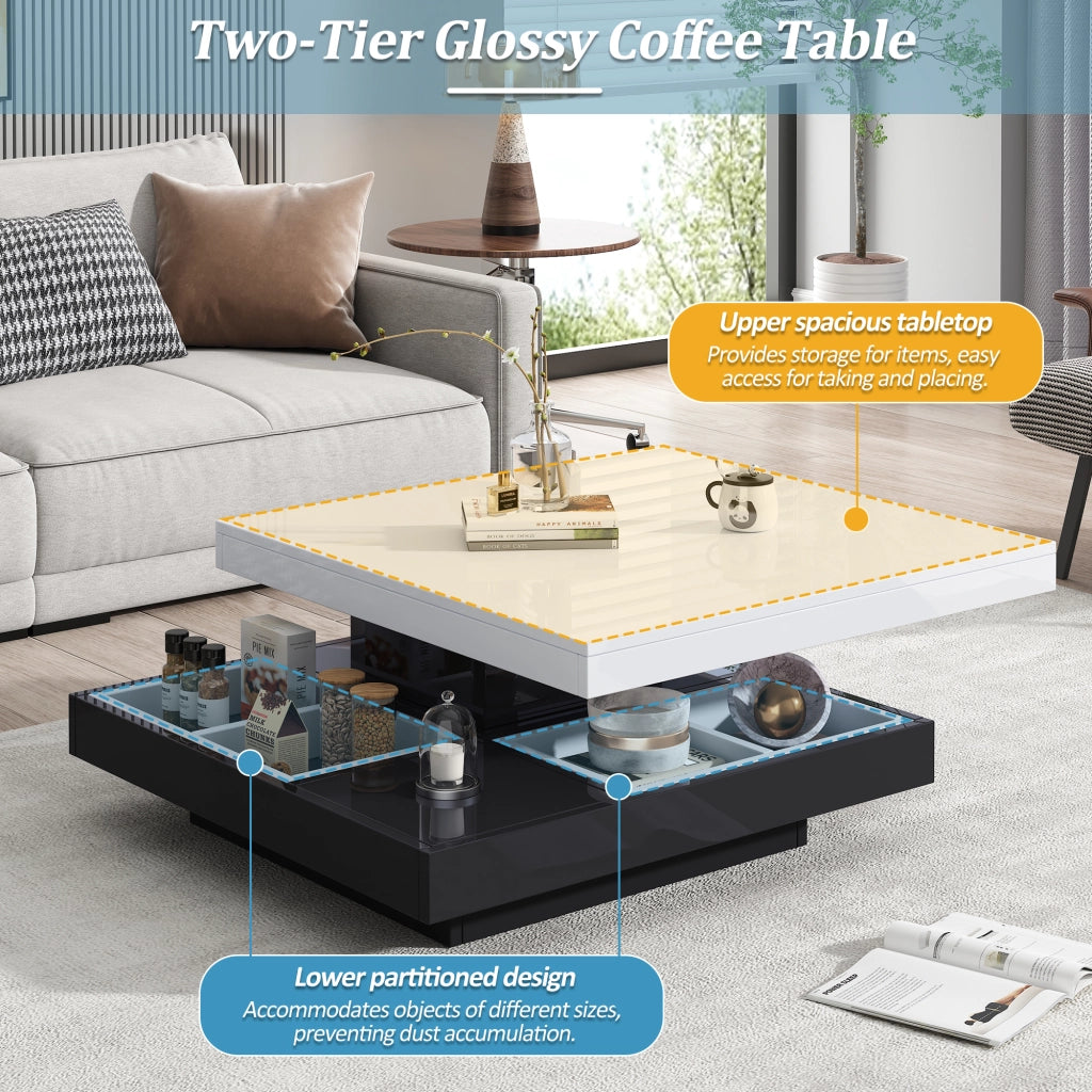 Tavolino da caffè con piano girevole - per soggiorno - 70×70×36 cm - bianco e nero