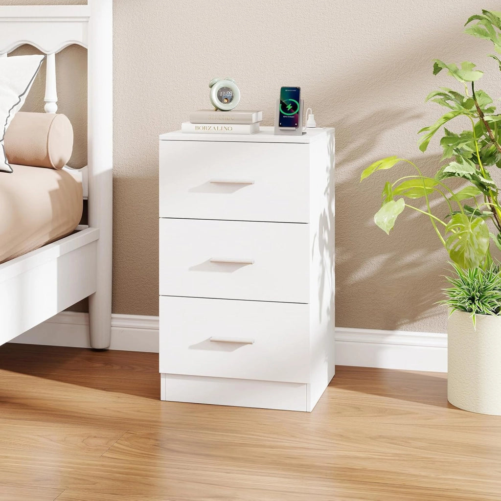 Comodino Camera da Letto 37 x 34 x 66,5cm, Cassettiera in Legno Moderno con 3 Cassetti, Mobile Salvaspazio per Soggiorno, Ufficio e Camerretta (2,Bianco)
