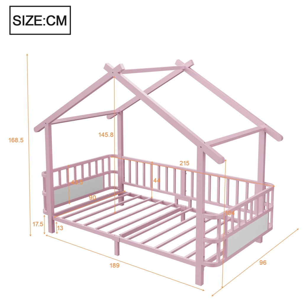 Letto per bambini 90 × 200 cm con barriera di sicurezza e tetto, senza materasso, in metallo, rosa