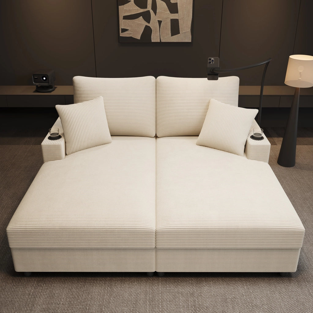 Divano 2 posti beige in velluto a coste con USB, USB-C e portabevande
