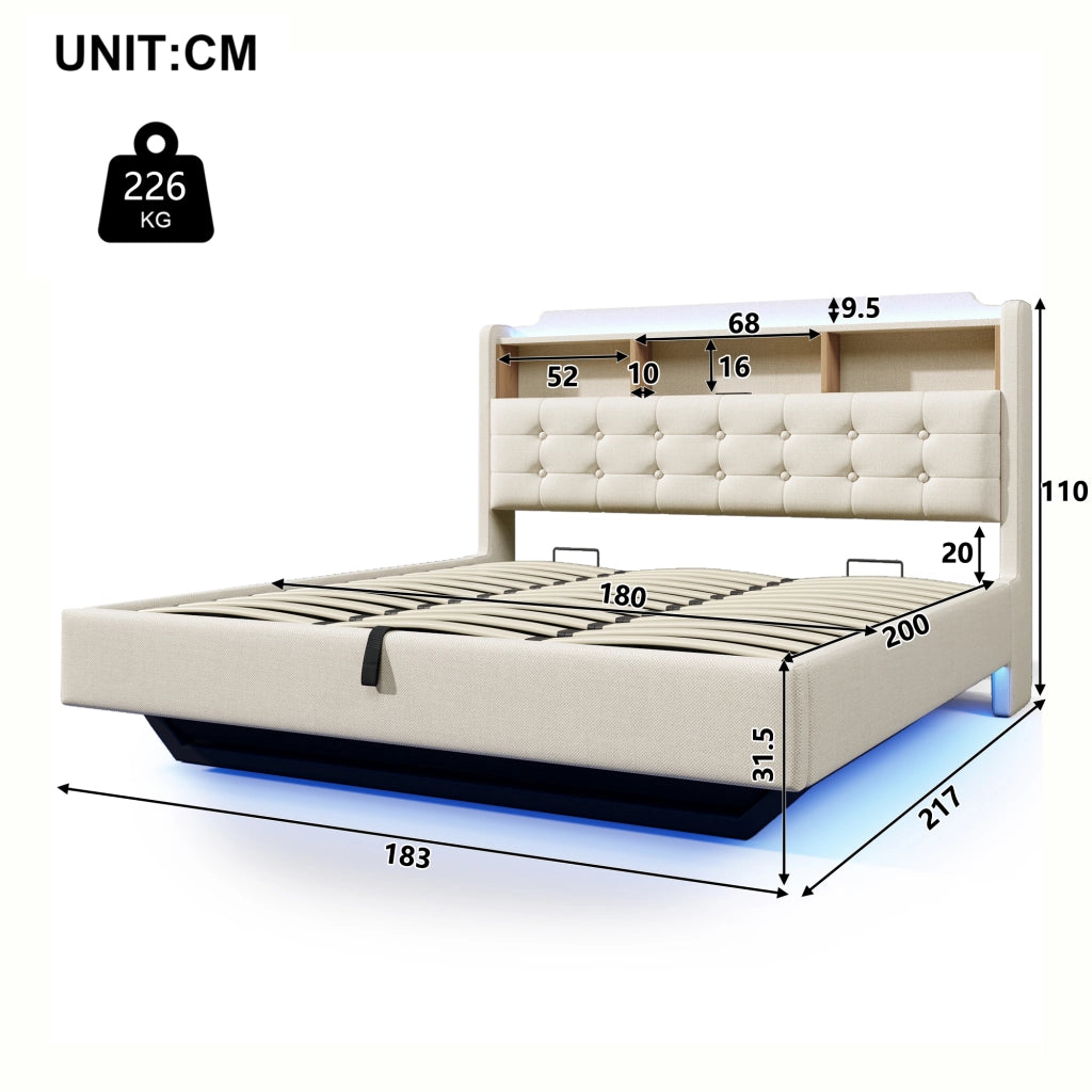 Letto matrimoniale contenitore 180x200 cm effetto sospeso con LED; testiera portaoggetti; USB e USB-C; lino beige