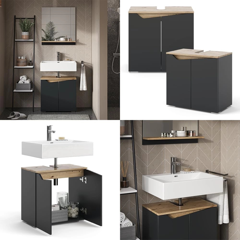 Mobiletto per lavabo Marelle, Antracite/Artisan, 60 x 57.5 cm con 2 porte, con ritaglio per sifone per il montaggio sotto il lavabo