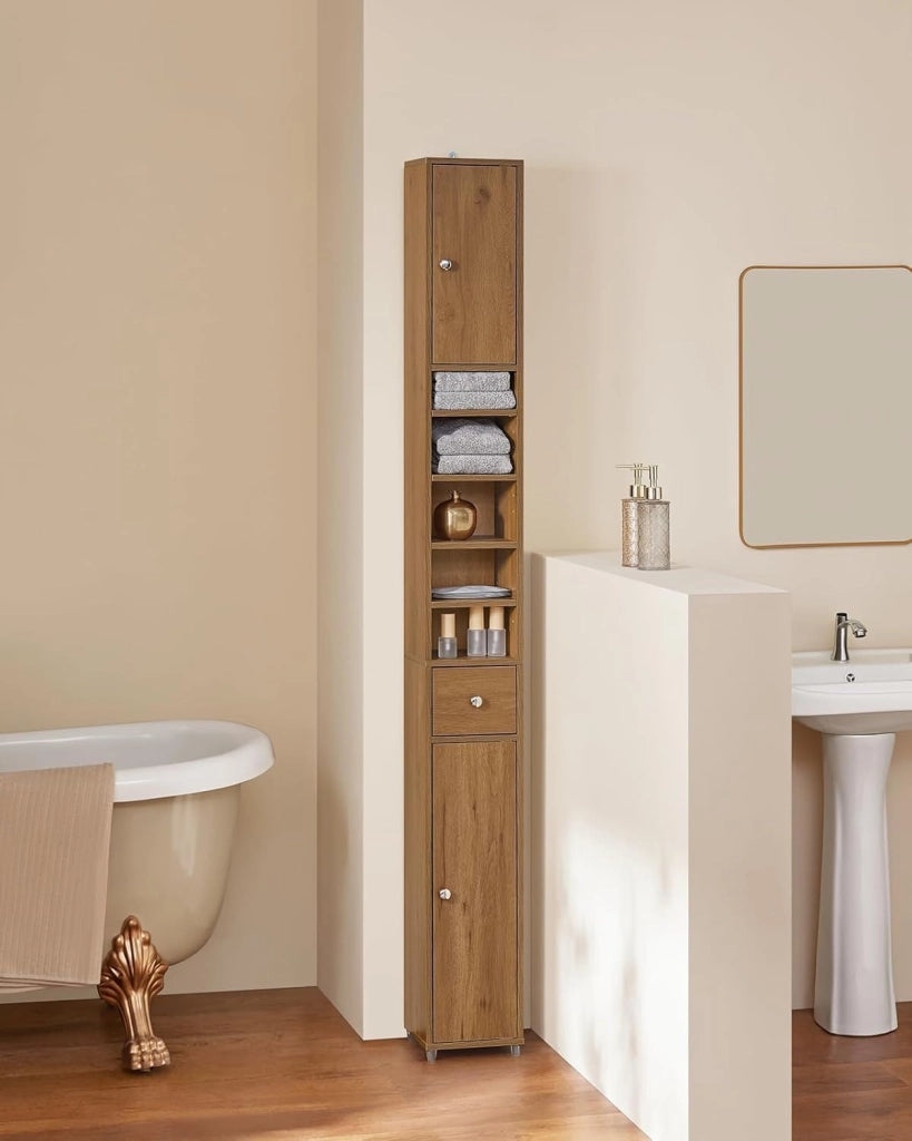 Mobile Bagno Alto e Stretto, Mobili Salvaspazio Mobiletto a Colonna da Terra con Ripiani Regolabili e Cassetto Armadietto per Bagno e Lavanderia 20×20×180 cm BZR34-II-PF