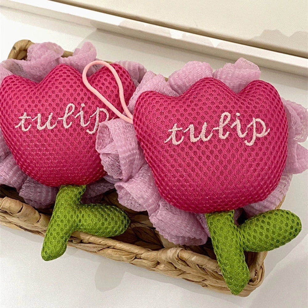 Trade Shop - Spugna Doccia A Rete Bagno Esfoliante Pelle Corpo Con Fiore Di Tulipano Rosa 10771 -