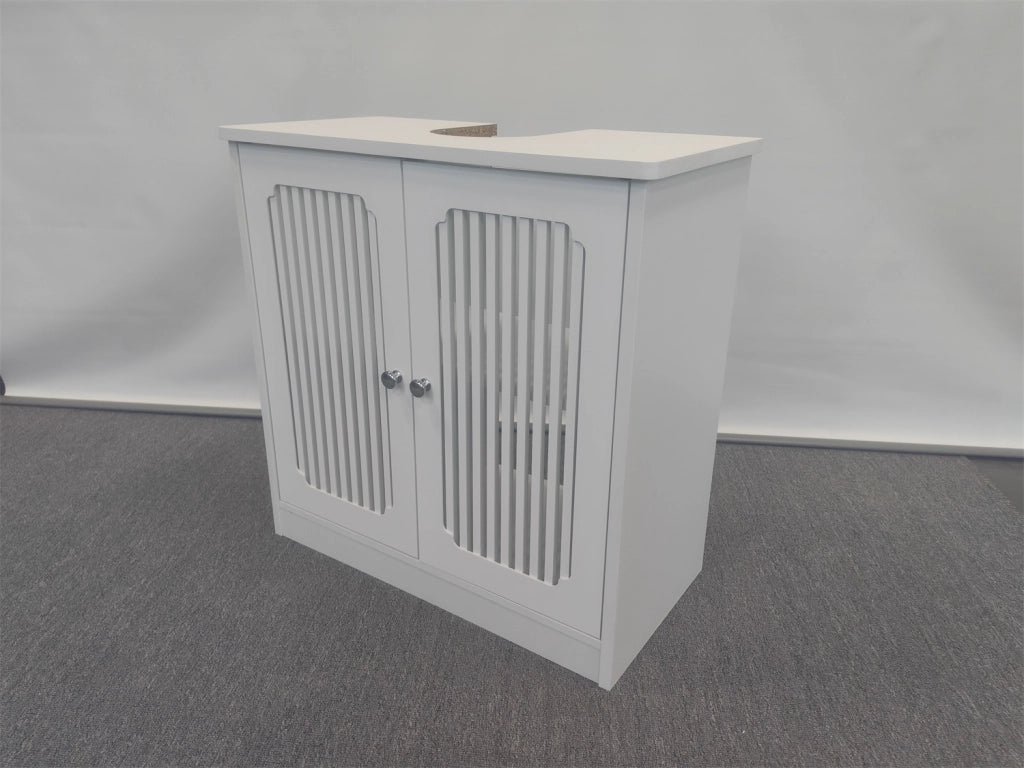 Mobile sottolavabo con 2 ante a lamelle e ripiano, in truciolato, per bagno e lavanderia, bianco, 70 × 35,3 × 14,5 cm