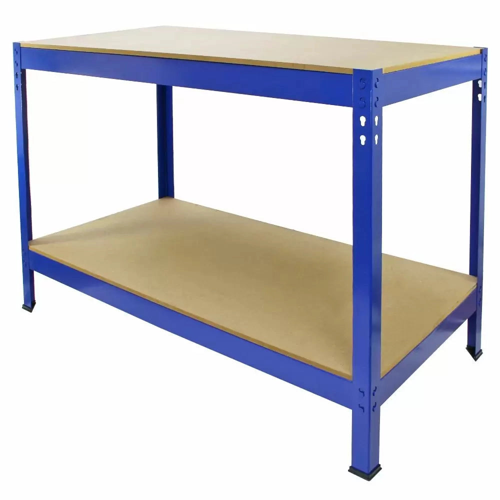 Set 3 Scaffali ad Incastro con Banco da lavoro da 120 cm e Martello Piani in MDF Struttura in Acciaio Blu